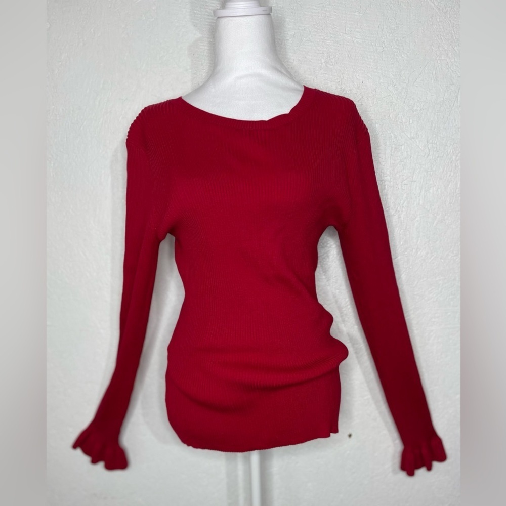 Tahari Vibrant Red Holiday Ribbed Long Ruffled Sleeve Top Party Christmas Large - Picture 3 of 12